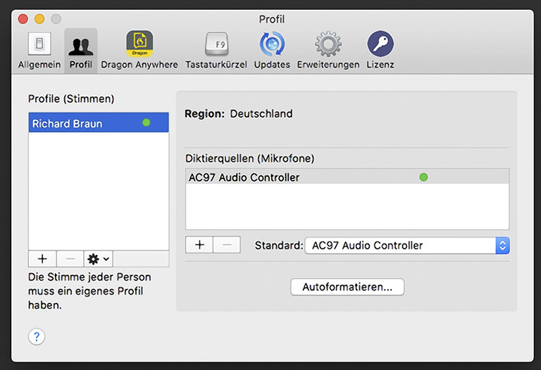 Individuelle Sprecherprofile lassen sich bei Dragon anlegen – auch für andere Sprachen. | Screenshot Dragon