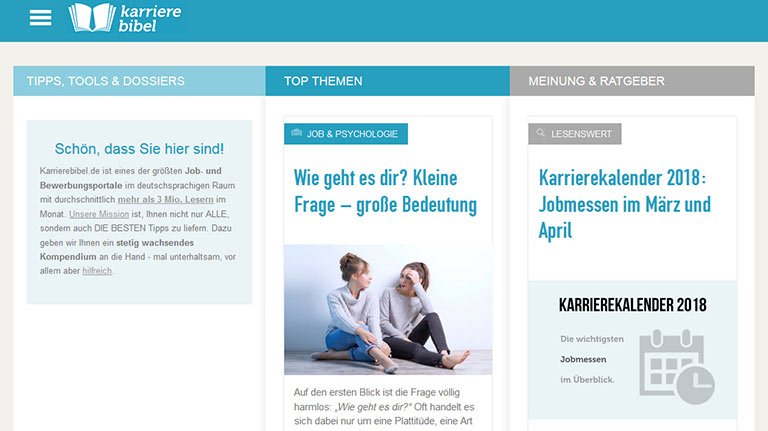 Die „Karrierebibel“ wuchs vom kleinen Blog zu einem der erfolgreichsten deutschen Portale rum um die Themen Job und Bewerbung. | Screenshot karrierebibel.de