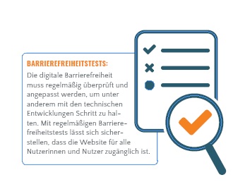 Eine Grafik mit einer stilisierten Checkliste und einem Haken symbolisiert: Webseitenbetreiben sollten regelmäßig Barrierefreiheitstest absolvieren. 