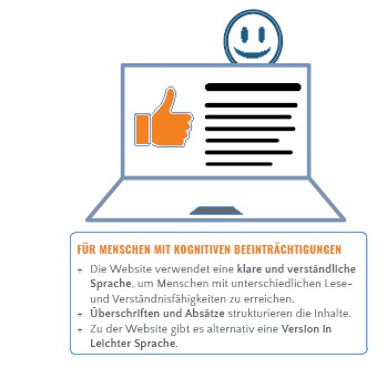 Eine Grafik mit Laptop, lächelndem Emoticon und erhobenem Daumen symbolisiert: Ein Inhalt ist zugänglich für Menschen mit kognitiven Behinderungen