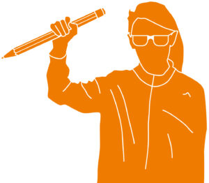 Eine gezeichnete Frauenfigur mit Brille und langen Haaren. Die hat ihren rechten Arm kämpferisch erhoben und halt in der Hand einen übergroßen Stift.