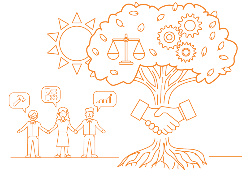 Eine orangefarbene Zeichnung. Zu sehen sind drei Personen, die sich an den Händen halten, darüber eine Sonne, daneben ein Baum, vor dem sich zwei Hände kreuzen. Über die Zeichung verteilt sind verschiedene Symbole we Hammer, Puzzleteile, Bilanzkurve, Waage und Zahnrädchen. 