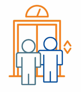 Symboldbild: Eine Strichzeichnung von zwei Personen vor einem Aufzug.