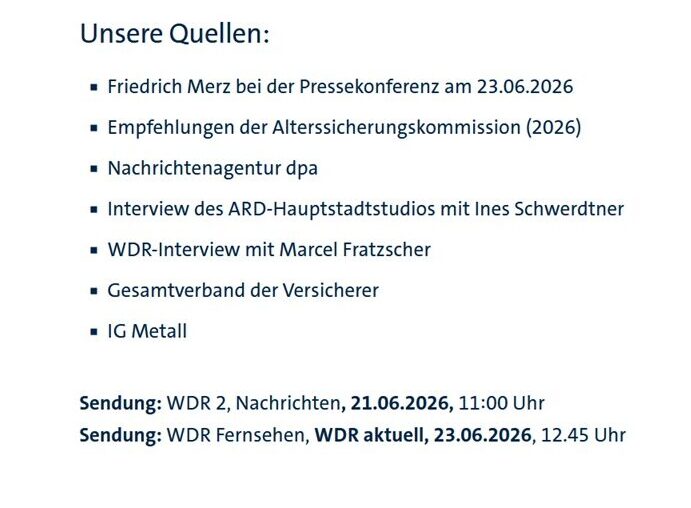 Screenshot von der Seite wdr.de. Ausgeführt sind sieben Quellen zu einem Text über die Rentendiskussion: Friedrich Merz bei der Pressekonferenz am 23.06.2026 Empfehlungen der Alterssicherungskommission (2026) Nachrichtenagentur dpa Interview des ARD-Hauptstadtstudios mit Iris Schwerdtner WDR-Interview mit Marcel Fratzscher Gesamtverband der Versicherer IG Metall